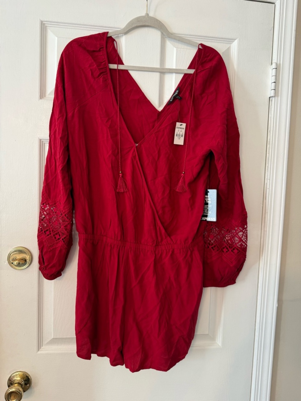 Express Red Romper with Crochet Lace Sleeves